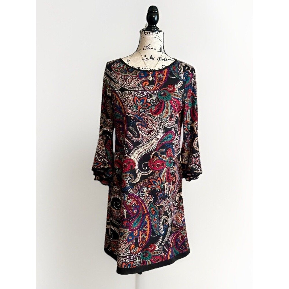 MSK Petite Womens Multicolor Mini Dress Paisley Bell Sleeve Large Hippie Boho
